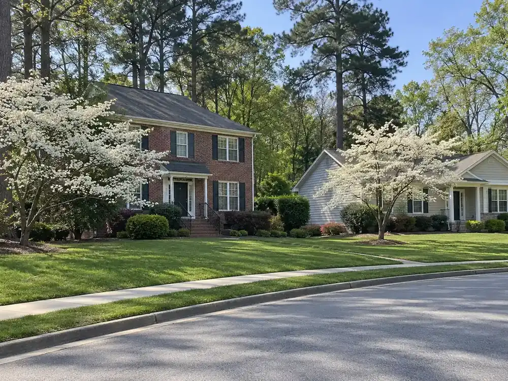 Quiet residential street with brick and siding homes, lawns and white flowering dogwood trees