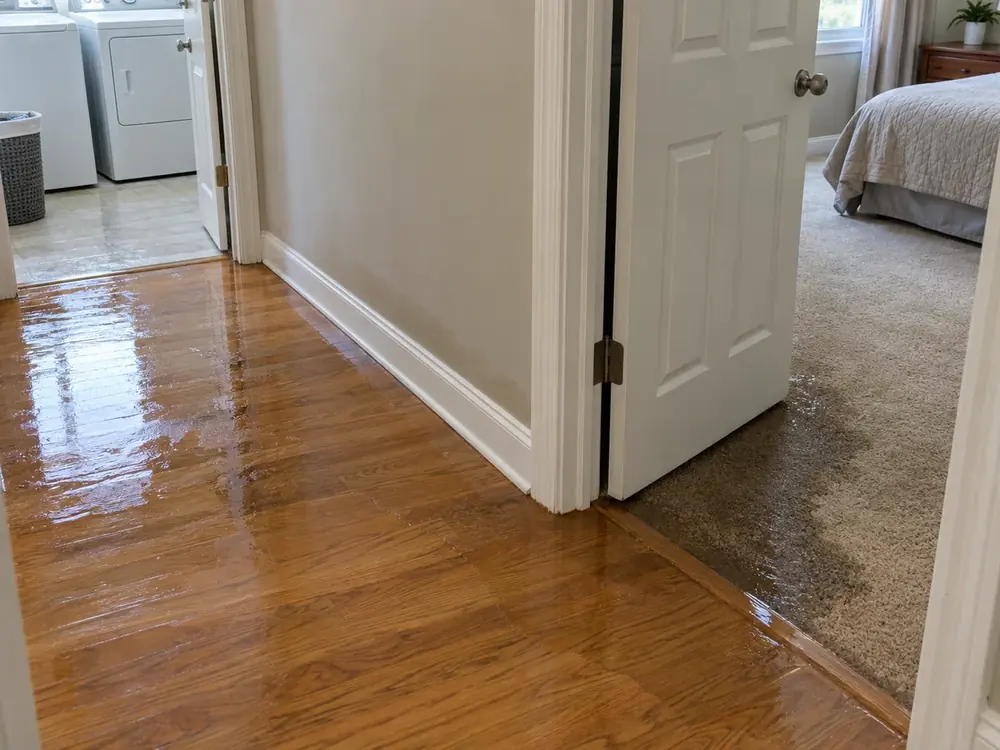 Water spreads from a laundry doorway across hardwood toward wet bedroom carpet and damp hallway drywall.