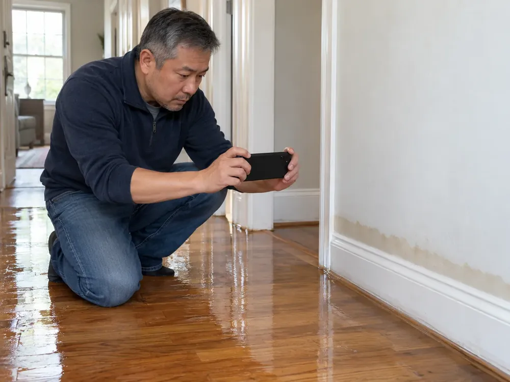 Homeowner photographs a wet hardwood floor and baseboard with a phone to document the damage