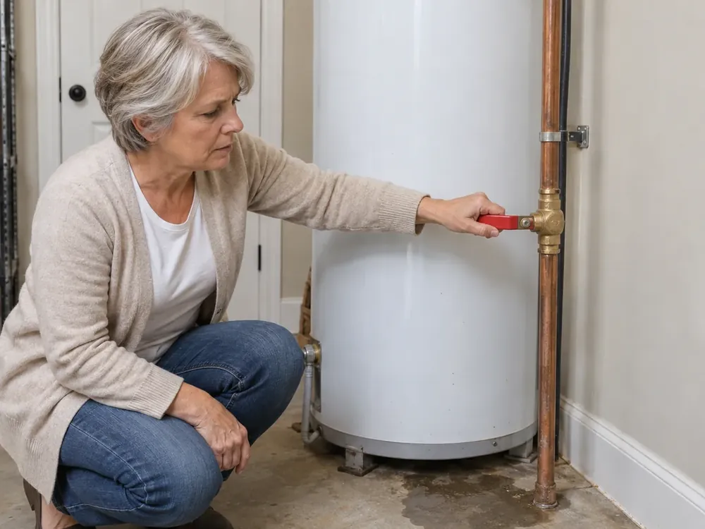 Homeowner turns a main shut-off lever beside a water heater on a damp utility-room floor.