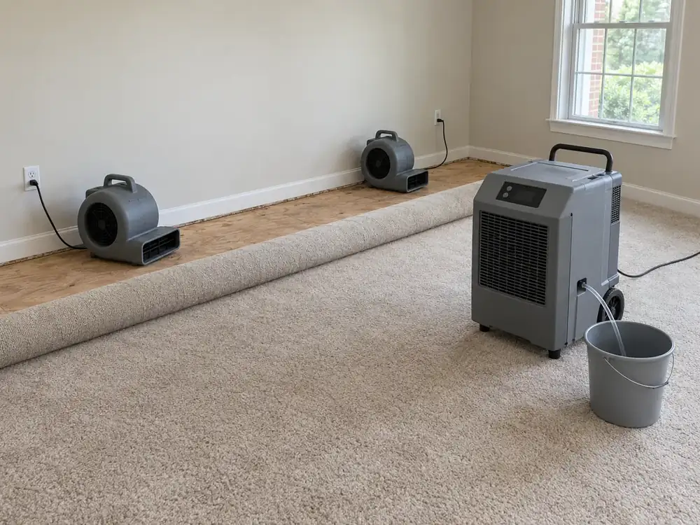 Dehumidifier and air movers drying a room with the carpet rolled back from the wall