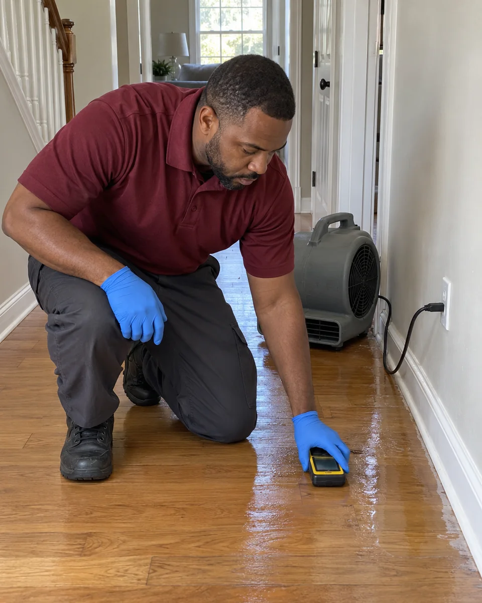 Technician checking moisture in wet hallway floorboards beside a white baseboard
