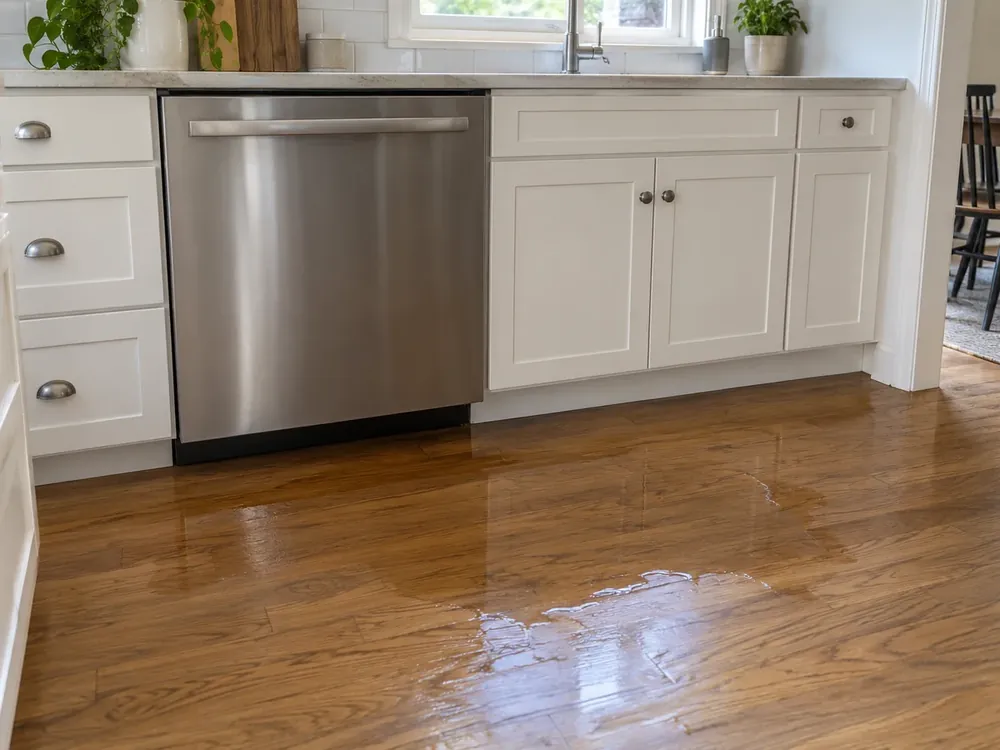 Kitchen puddle spreads beside a dishwasher and sink cabinet across darkened hardwood boards.