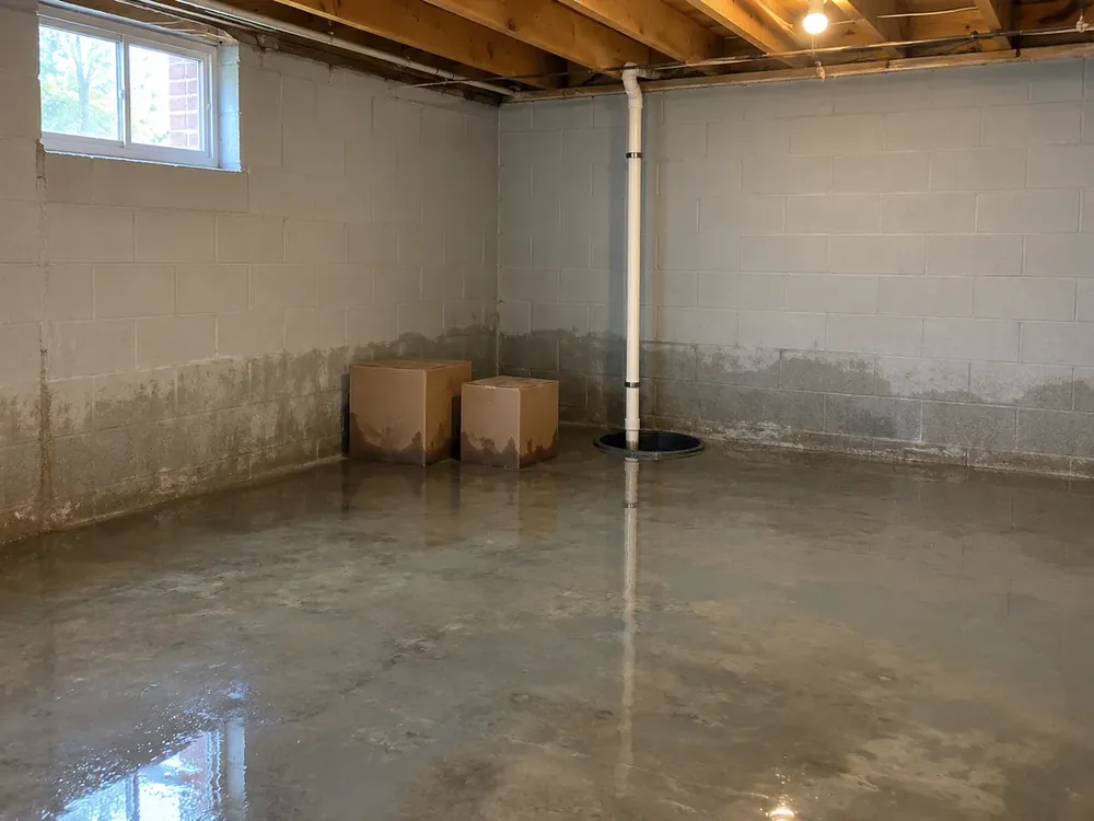 Standing basement water around a sump pit, with wet storage boxes and a damp block wall