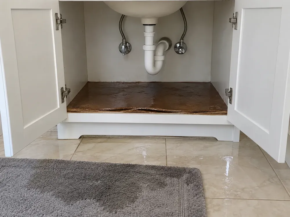 Water-stained floor inside an open bathroom sink cabinet with a wet rug on the tile below