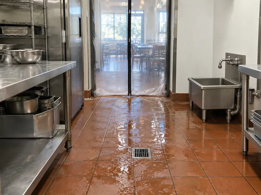 Water spreads from a restaurant kitchen floor drain toward prep tables beside a zippered containment sheet.