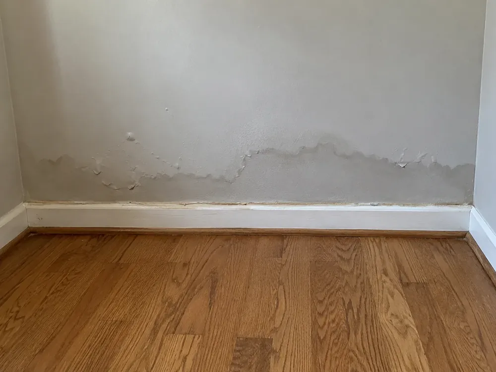 Laundry room wall with a wavy water stain, bubbling paint and swollen baseboard