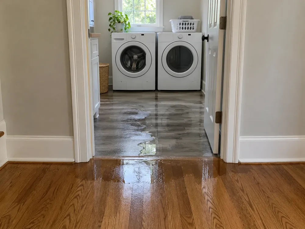 Thin sheet of water across a laundry room floor spreading through the doorway onto hallway oak flooring