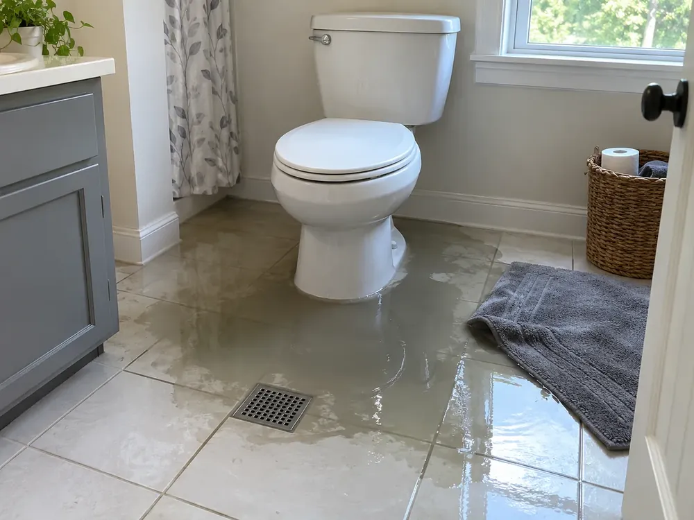Grey wastewater pooled around a toilet and floor drain on white bathroom tile