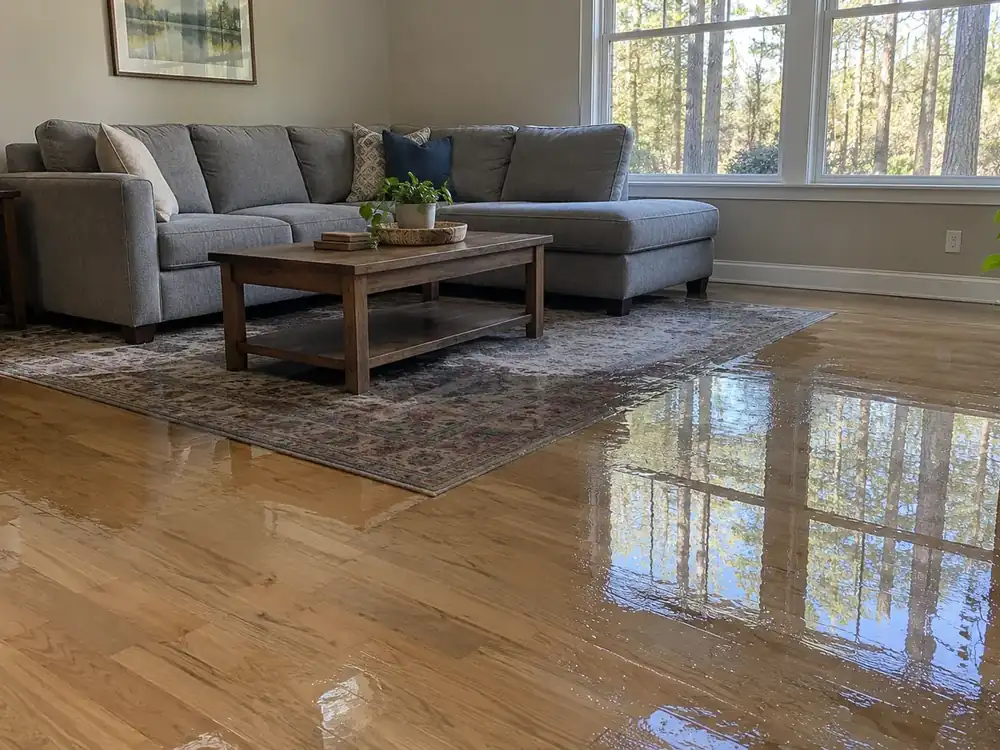 Shallow standing water covering a living room hardwood floor and soaking an area rug