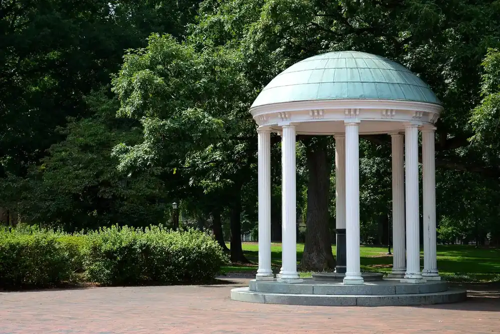 The domed Old Well rotunda among shade trees on the university campus in Chapel Hill, North Carolina